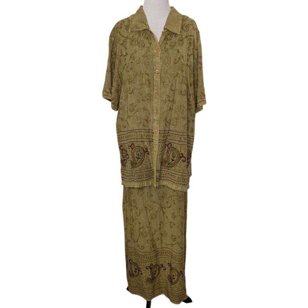 Bila Paisley Embroidered Jacket Maxi Dress Womens Size 1X Green Boho Sleeveless